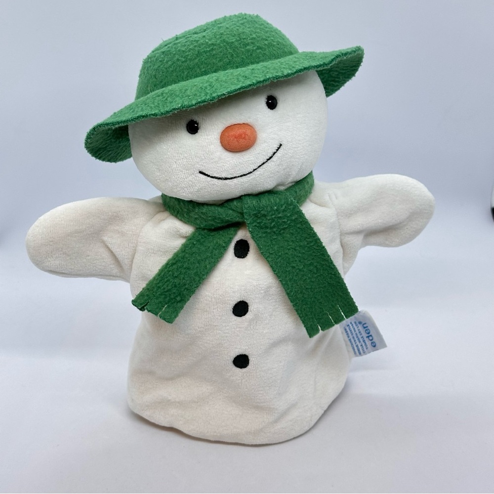 VTG Eden Raymond Briggs The Snowman 10" Plush Hand Puppet Green Felt Hat & Scarf